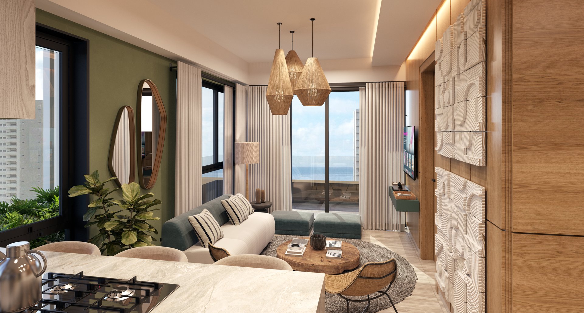 Modern living room and apartment layout